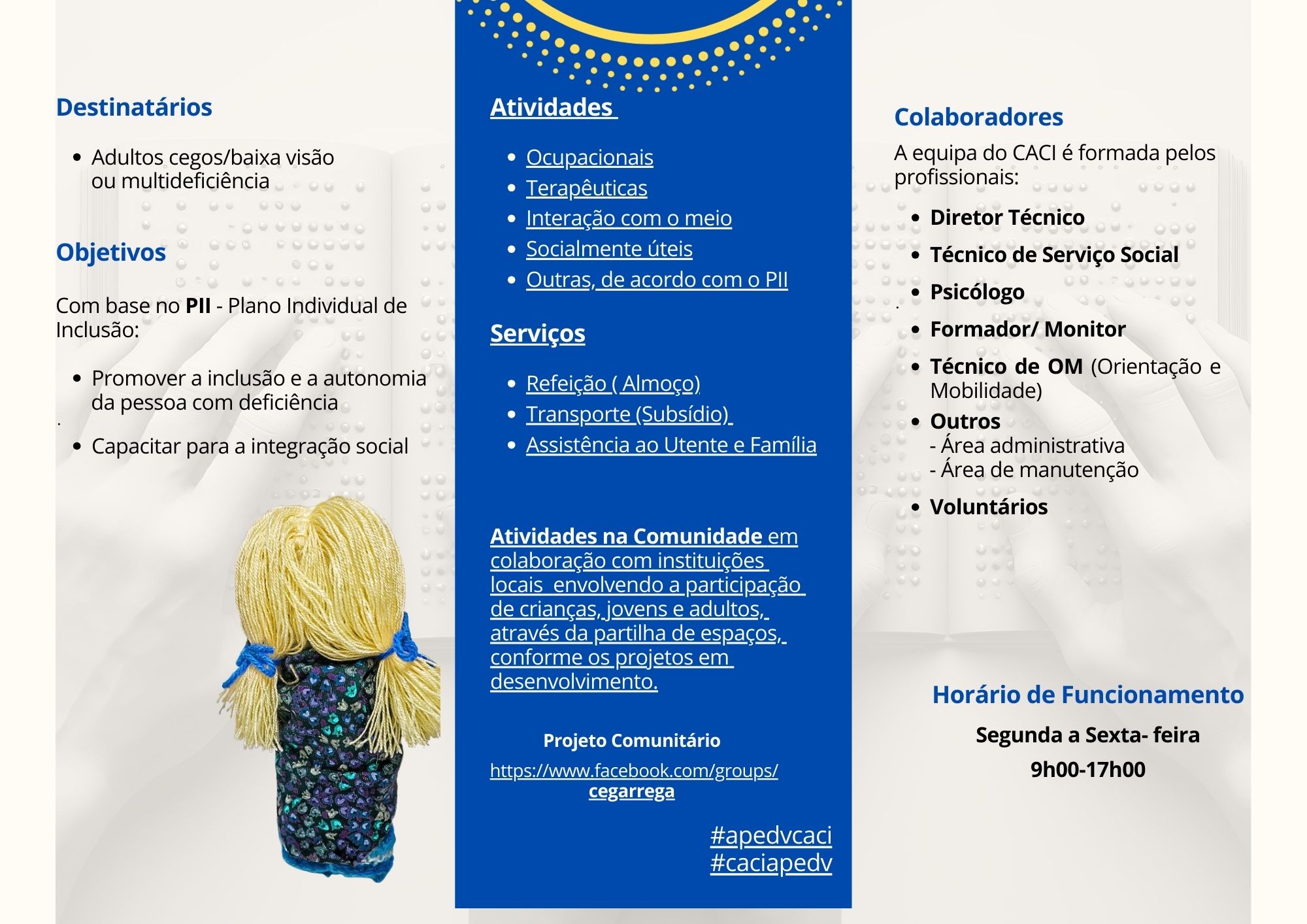 Folheto CACI — verso: informação sobre a APEDV, contactos, morada e redes sociais